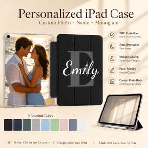 Puede incluir: Una funda personalizada para iPad con parte trasera transparente para una foto y una cubierta frontal negra con el nombre Emily y una letra E grande. La funda ofrece protección de 360 grados, función de reposo/activación y varios ángulos.