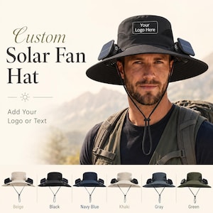 May include: A black solar fan hat with a wide brim, featuring two small solar panels and a chin strap. The hat has a mesh section for ventilation and a space for a logo. The image also shows the hat in beige, navy blue, khaki, gray, and green.