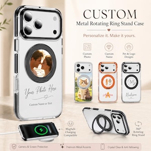 Anpassat iPhone-skal med roterande ringstativ, personligt foto med namn och logotyp, genomskinligt telefonskal, magnetiskt greppskal för iPhone 12-17