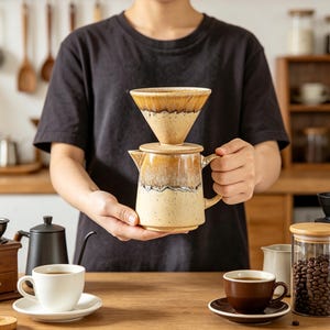May include: A ceramic coffee pour-over dripper set featuring a conical filter cone resting on a matching pitcher with a handle. The stoneware has a speckled cream base with a dark brown, reactive glaze drip pattern around the upper rim.