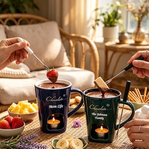 May include: A dark blue ceramic mug with the text Chocolate... Mom Life and a dark green ceramic mug with the text Chocolate... The Johnson Family, both featuring a bottom cutout for a tea light candle, accompanied by fondue forks and fruit.