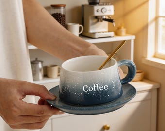 Keramische sterrenhemel koffiekopset met schotel en lepel Sneeuwvlokglazuur Gradiëntmok 250 ml Gepersonaliseerde lasergegraveerde geschenkbeker
