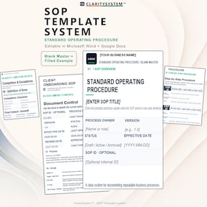 Op de afbeelding: Een digitaal SOP-sjabloonsysteem met een leeg sjabloon en een ingevuld voorbeeld voor standaardwerkprocedures. De documenten bevatten secties voor documentbeheer, proceseigenaren en stapsgewijze procedures, bewerkbaar in Microsoft Word en Google Docs.