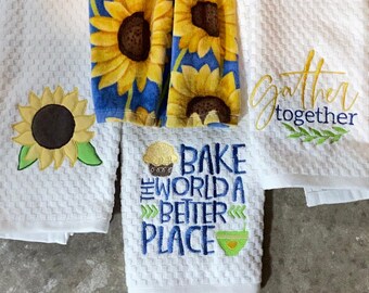 Summer Fun Sunflower Sayings Embroidered Kitchen Towels