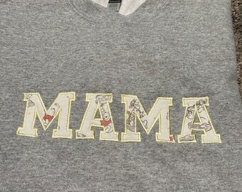 MAMA embroidered sweatshirts made with your babies clothing, appliqued, personalized, great Mother's Day or birthday gift.