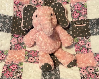 Memory Blanket and Elephant Keepsakes made from clothing of a loved one, wedding or bridesmaid dress and more