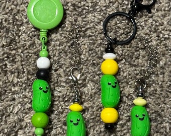 Pickle Lanyards, Backpack hooks, Bookmarks, Cup markers and Keychains