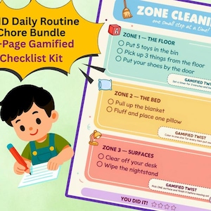 Può includere: Un kit di lista di controllo gamificata di 11 pagine intitolato ADHD Daily Routine Chore Bundle. Il documento presenta tre zone di pulizia: il pavimento, il letto e le superfici, con compiti specifici e sfide ludiche. Un personaggio sta scrivendo.