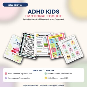 May include: A printable ADHD Kids Emotional Toolkit bundle featuring 12 pages. The display shows five sheets including Class Rules, All About Me, Emotional Regulation, and Self-Compassion Reminders with colorful illustrations and text.