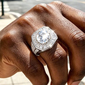 Iced Out 3CT Round S925 Sterling Silver Moissanite Men's Ring, Baguette Cut  Moissanite Hip Hop Statement , 18K Gold Plated Luxury Gift