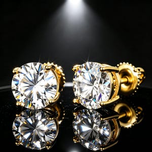 May include: A pair of round-cut clear stud earrings set in polished yellow gold four-prong settings. Each earring features a brilliant faceted stone that reflects light, with a matching screw-back post visible on the side against a dark background.