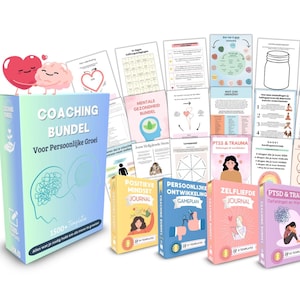 Puede incluir: Una colección de diarios y guías de autoayuda, que incluye un conjunto de cajas "Coaching Bundle" y diarios individuales sobre temas como la mentalidad positiva, el desarrollo personal y la salud mental. La imagen presenta cubiertas coloridas.