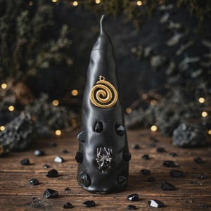 May include: A tall, conical black candle embedded with small black stones. A gold-colored spiral charm is attached near the top, and a silver-colored spider charm with a black gemstone body is positioned toward the bottom of the candle surface.
