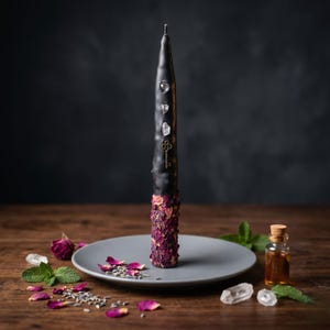 May include: A tall, black taper candle featuring three embedded clear crystals and a small gold-coloured key charm. The lower portion of the candle is covered in dried pink and purple rose petals, standing upright on a smooth, round grey plate.