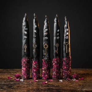 May include: Five black taper candles arranged in a row. Each candle is decorated with small clear crystals and a unique brass-colored metal key charm embedded in the wax. The bottom portion of each candle is covered in dried dark pink rose petals.