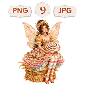 Peut inclure: Une illustration de fée avec de grandes ailes, des cheveux bruns bouclés et une robe jaune et rose, tenant un gros roulé à la cannelle. Le personnage est assis sur une botte de blé, portant des bas rayés et des chaussures roses. Texte 9 PNG JPG.