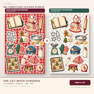 Peut inclure: Un ensemble d'autocollants numériques intitulé 90s CHRISTMAS STICKER WORLD avec des illustrations d'ustensiles de pâtisserie, de biscuits en pain d'épices, d'un tablier, d'un bol, d'une balance, d'un rouleau à pâtisserie, d'une bouteille de lait et d'un tabouret.