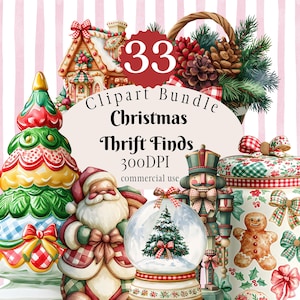 Op de afbeelding: Een digitaal clipart-pakket met 33 kerstillustraties, waaronder een peperkoekhuisje, dennenappels, een keramische boom, de Kerstman, een sneeuwbol, een notenkraker en een koekjestrommel met peperkoekmannetjes op een gestreepte achtergrond.