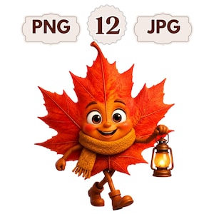 May include: A cartoon character shaped like a vibrant orange and red maple leaf wearing a mustard yellow knit scarf and brown boots. The character has large eyes, a smiling face, and is holding a lit brown lantern. Text reads PNG 12 JPG.