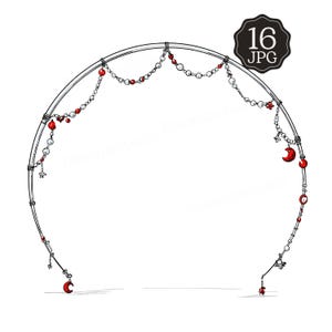 May include: A circular arch frame decorated with hanging strings of white and red beads, featuring small red crescent moon charms and star-shaped accents. A black circular badge in the upper right corner displays the text 16 JPG.