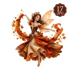 May include: A fairy figure with brown hair and translucent wings wearing a layered gown in shades of orange, gold, and brown, adorned with autumn maple leaves and pearls. The figure holds flowing fabric, and a brown badge displays 17 JPG.