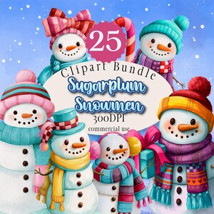 Peut inclure: Une illustration numérique montrant 25 bonhommes de neige portant des bonnets, écharpes et cache-oreilles en tricot colorés sur un fond bleu enneigé. Le texte central indique 25 Clipart Bundle Sugarplum Snowmen 300DPI commercial use.