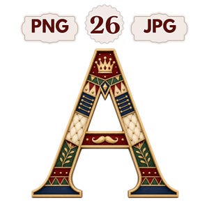 Può includere: Una lettera A decorativa con bordo dorato, una corona in alto e un paio di baffi al centro. Il design include sezioni rosse, verdi, blu e color crema con motivi trapuntati e floreali. Il testo in alto riporta la scritta PNG 26 JPG.