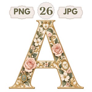 Op de afbeelding: Een decoratieve hoofdletter A met een gouden rand versierd met roze rozen, witte bloemen, groene bladeren en kleine ornamenten zoals een hartje en een strik. Boven de letter staat de tekst PNG 26 JPG in een donkergroen lettertype.
