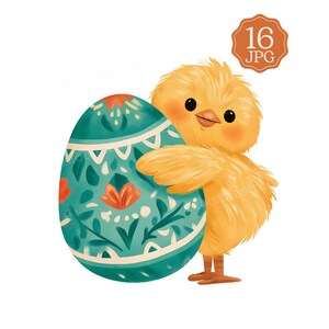 May include: A fluffy yellow chick hugging a large teal Easter egg decorated with white geometric patterns and orange floral motifs. In the upper right corner, a brown scalloped badge displays the text 16 JPG in white lettering.