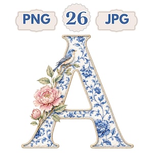 May include: A decorative letter A featuring a blue and white floral pattern, a small blue bird perched on a branch, and a large pink peony flower with green leaves. The text PNG 26 JPG appears at the top in blue on light beige labels.