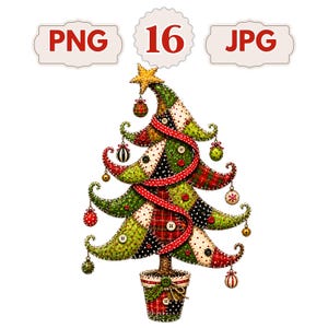 May include: A patchwork Christmas tree illustration featuring various fabric patterns in red, green, and black, adorned with buttons and hanging ornaments. A yellow star sits at the top. The text 16 PNG JPG is displayed above the tree graphic.