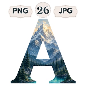 May include: A capital letter A filled with a landscape illustration of snow-capped mountains, a dense pine forest, and a calm lake. Above the letter, three labels read PNG, 26, and JPG, each enclosed in a decorative scalloped border frame.