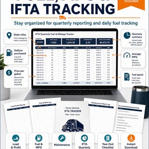 Op de afbeelding: Laptop scherm met een brandstof- en kilometer tracker met gegevenstabellen en grafieken. De afbeelding bevat printables voor laadplanning, onderhoud en jaarlijkse checklists, samen met pictogrammen voor verschillende tracking aspecten.