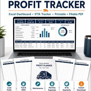 May include: A laptop screen shows an "Owner Operator Profit Tracker" dashboard with financial data. Printables include a load profit planner, fuel log, and maintenance log. Icons for instant download and IFTA quarterly reports are also visible.
