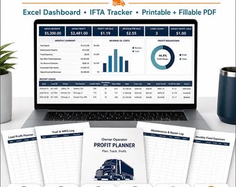 Puede incluir: Una computadora portátil muestra un panel de control "Owner Operator Profit Tracker" con datos financieros. Los imprimibles incluyen un planificador de ganancias de carga, un registro de combustible y un registro de mantenimiento. También se ven iconos de descarga instantánea e informes trimestrales de IFTA.