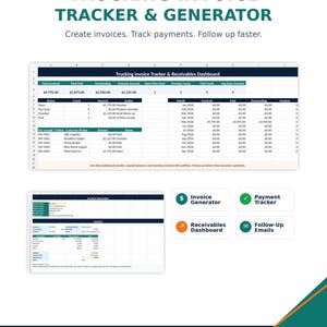 May include: A digital document titled "Trucking Invoice Tracker & Generator" with a spreadsheet layout. The document includes sections for tracking invoices, payments, and receivables. The document also includes the text "Create invoices. Track payments. Follow up faster."