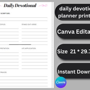 Pode incluir: Uma página imprimível de planejador devocional diário branca com texto e linhas pretas. O documento inclui seções para Today's Scripture, Key Principles, Stand Out Verse, My Interpretation, Life Application e Today's Prayer. Tamanho 21 * 29,7 cm.