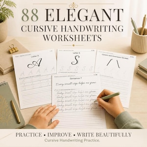 Może przedstawiać: 88 Elegant Cursive Handwriting Worksheets zawierające arkusze instruktażowe do kreślenia liter A i S, kresek w górę i w dół oraz stronę do ćwiczeń z tekstem Every small step helps me grow, wydrukowane na białym papierze.