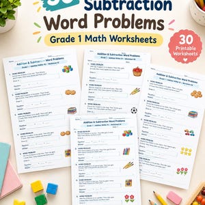 Puede incluir: Un conjunto de 30 hojas de trabajo de matemáticas imprimibles para primer grado con problemas de suma y resta. Las páginas incluyen texto, espacios en blanco para ecuaciones e ilustraciones coloridas de bloques, galletas, libros y flores.