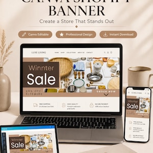May include: A digital display showing a Canva Shopify banner template on a laptop, tablet, and smartphone. The banner features the text "Winnter Sale" and "20% OFF SITEWIDE" with a brown and white color scheme, showcasing a kitchenware product layout.