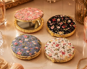 Vintage Floral Compact Mirror, Double Sided Folding Pocket Makeup Mirror