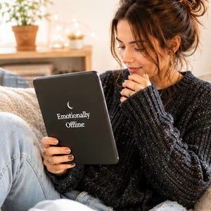 Könnte beinhalten: Ein schwarzes Tablet mit den Worten "Emotionally Offline" und einem Halbmondsymbol in Weiß. Das Tablet wird von einer Person gehalten, die einen dunkelgrauen Pullover und eine blaue Jeans trägt.