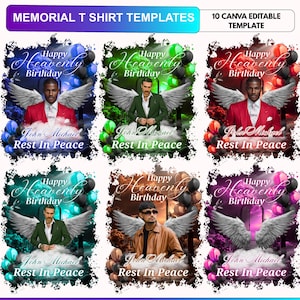 May include: A collection of six digital memorial t-shirt templates featuring the text Happy Heavenly Birthday and Rest In Peace. Each design includes a person with angel wings, balloons, and clouds in various colour schemes like blue, green, and red.