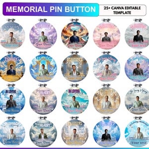 Modelo de botão comemorativo, mais de 25 designs de botões editáveis no Canva para homenagear a memória de alguém, broche com foto de funeral em PNG, distintivo de lembrança para download instantâneo.
