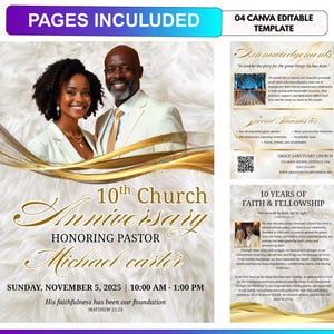 Può includere: Un modello Canva modificabile per un anniversario della chiesa. Il design presenta una foto di un uomo e una donna sorridenti, dettagli dorati e il testo "10° Anniversario della Chiesa in onore del pastore Michael Carter". Il modello include pagine di ringraziamenti.