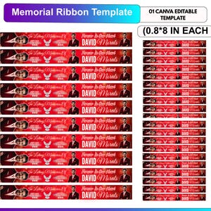 May include: Memorial ribbon template with text "In Loving Memories Of" and "Forever in Our Heart" with the name "DAVID Morals". The ribbons are red and black with a photo and dove graphic. The template is 2.03 x 20.32 cm.