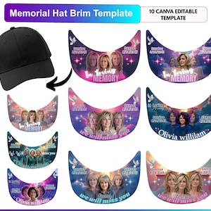 May include: A black baseball cap and ten curved hat brim templates featuring memorial designs. Each template includes space for photos, the text In Loving Memory, sunrise and sunset dates, and decorative elements like doves and stars.