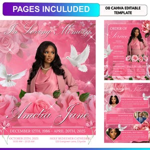 May include: A pink memorial template with a photo of a woman, doves, and pink roses. Text includes "In Loving Memory", "Amelia Jane", dates, and service details. The template is labeled as an 08 Canva editable template.