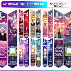 Può includere: Una collezione di modelli di stole commemorative con campi di testo modificabili, tra cui 'MEMORIAL STOLE TEMPLATE', '10 CANVA EDITABLE TEMPLATE', 'Name Here', 'In loving memory', 'Rest in peace', 'Always in our heart' e 'Sunrise/Sunset 4/24/2345'.