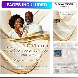 May include: A flyer for the 10th Church Anniversary honoring Pastor Michael Carter. The design features a photo of a smiling man and woman, with gold and cream accents. Text includes the date, time, and the phrase "His faithfulness has been our foundation."